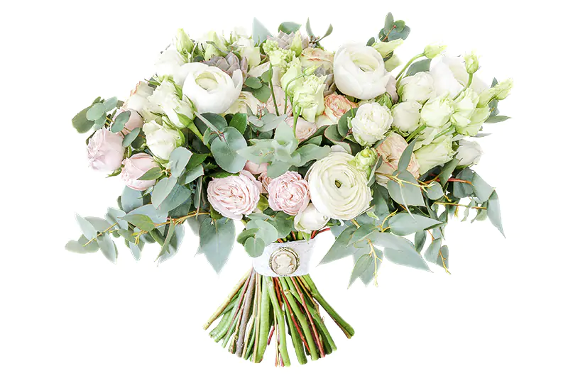 Свадебный растрёпанный букет из роз, ранункулюсов и эустом и эхевериями