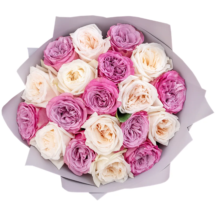 Букет из 19 белых и сиреневых садовых роз Вайт О'Хара и Квинс Краун (02549)