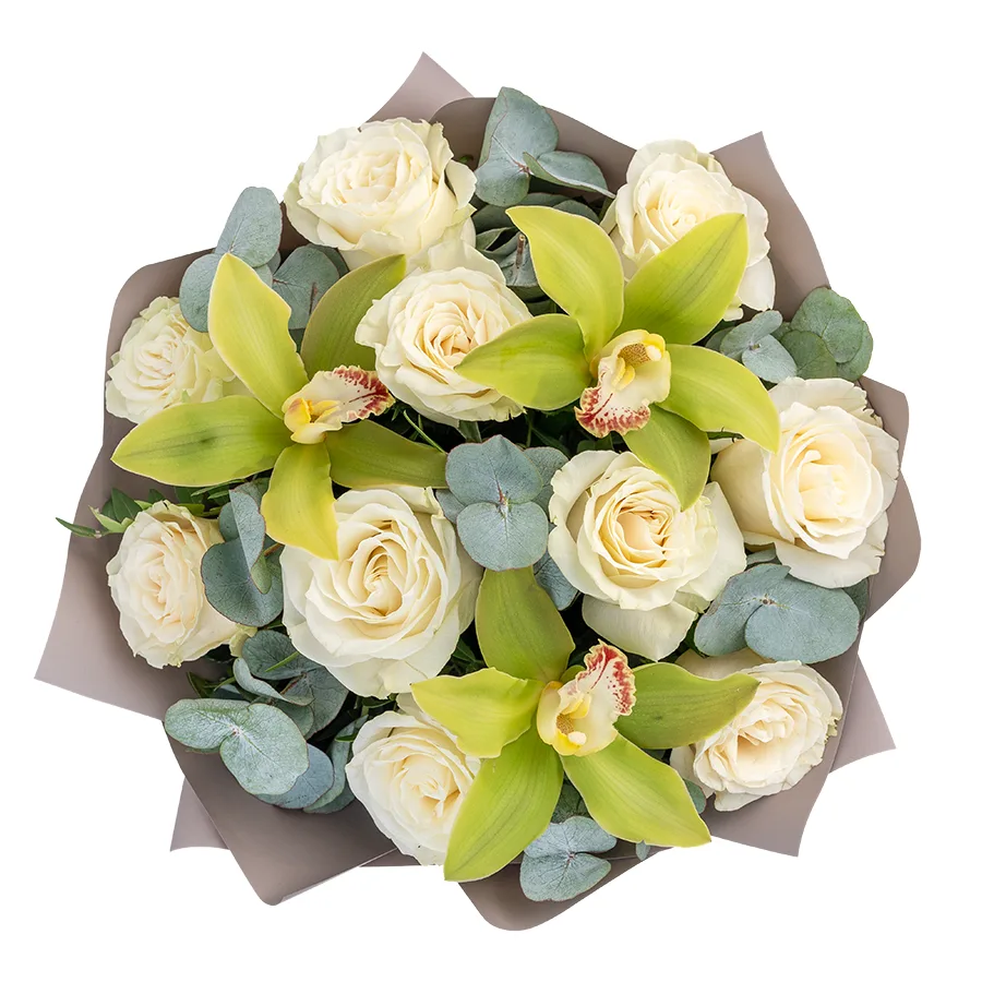 Букет из 13 цветов — белых роз Мондиаль и зеленых орхидей Цимбидиум (02482)