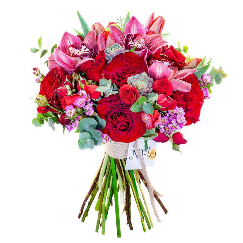 Букет из роз, орхидей и тюльпанов с эхевериями (01066)