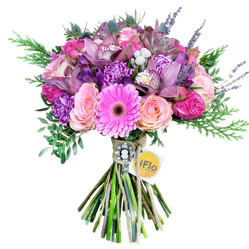 Букет из роз, орхидей, гербер, альстромерий и гвоздик с эхеверией (00672)