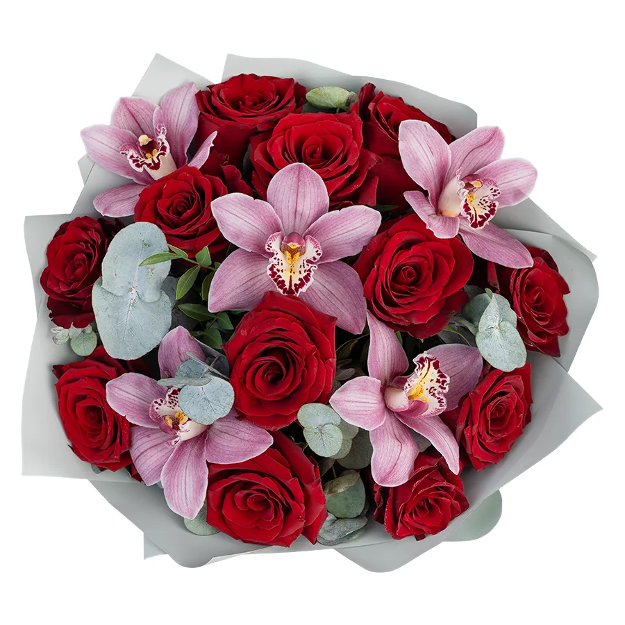 Букет из 17 цветов — бордовых роз Эксплорер и розовых орхидей Цимбидиум (02475)