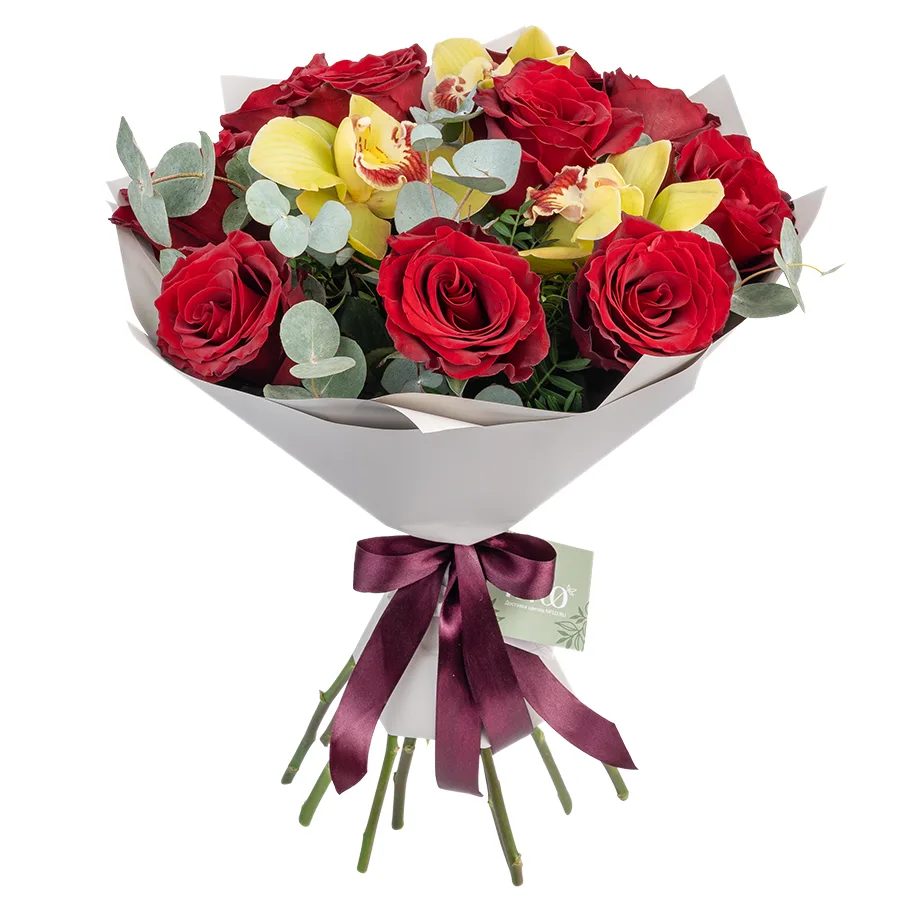 Букет из 13 цветов — бордовых роз Эксплорер и зеленых орхидей Цимбидиум (02468)