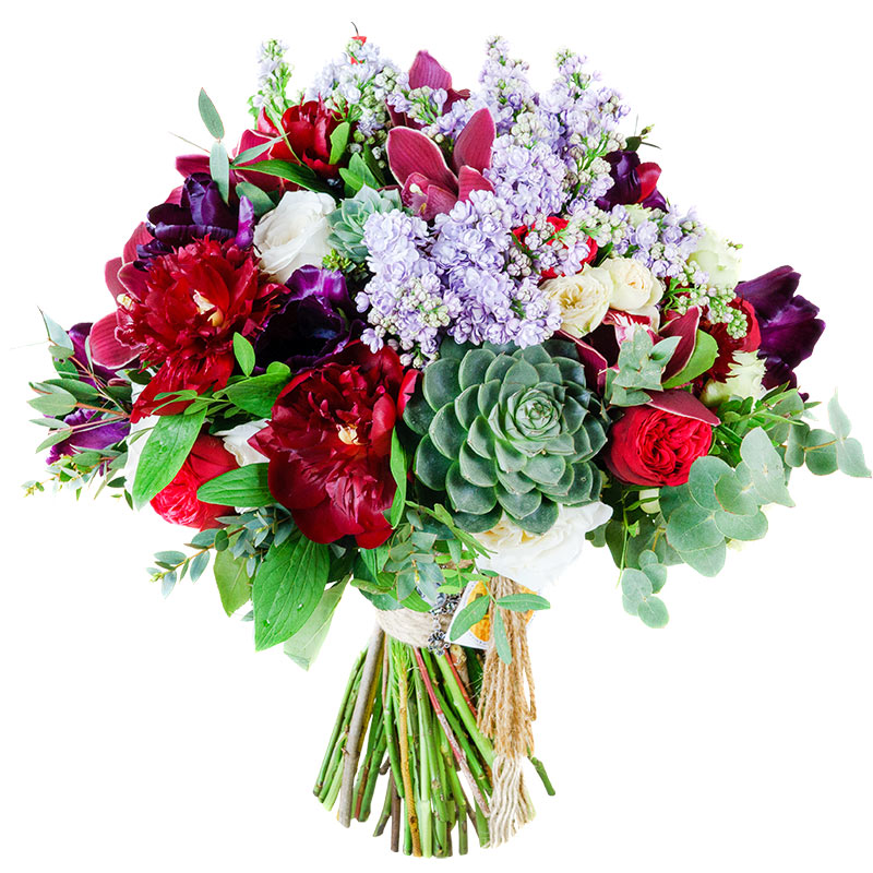 Букет из пионов, роз, орхидей и тюльпанов с сиренью и эхевериями (00777)