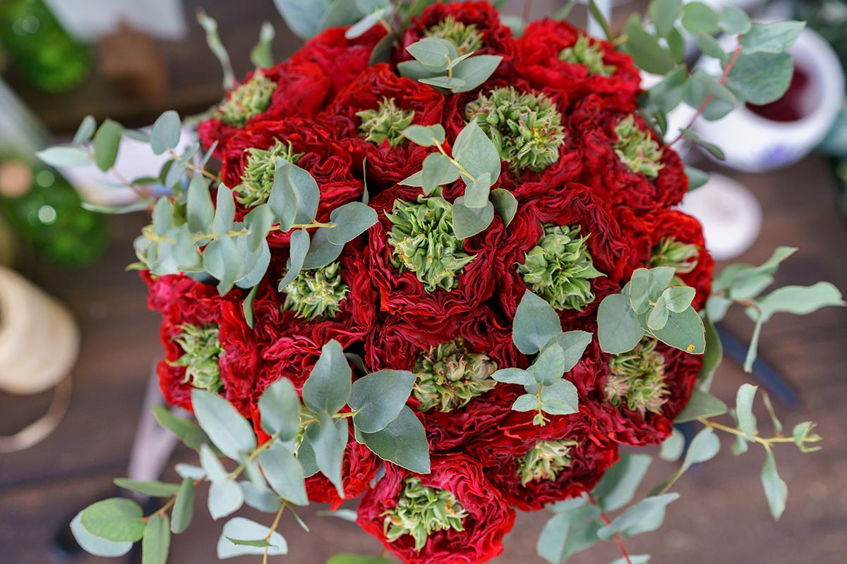 Букет из 19 красных с зеленым роз Ред Ай (00516)