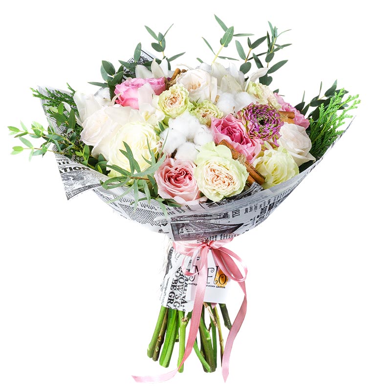 Букет из роз, орхидей и ранункулюсов с хлопком и корицей (00890)