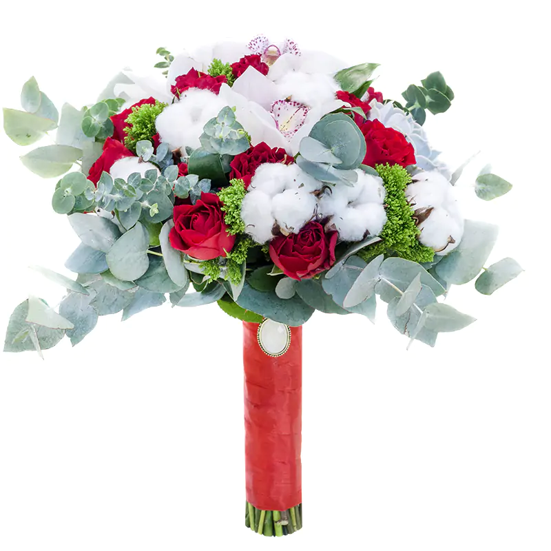 Свадебный букет из кустовых роз и орхидей с хлопком и эхеверией (00419)