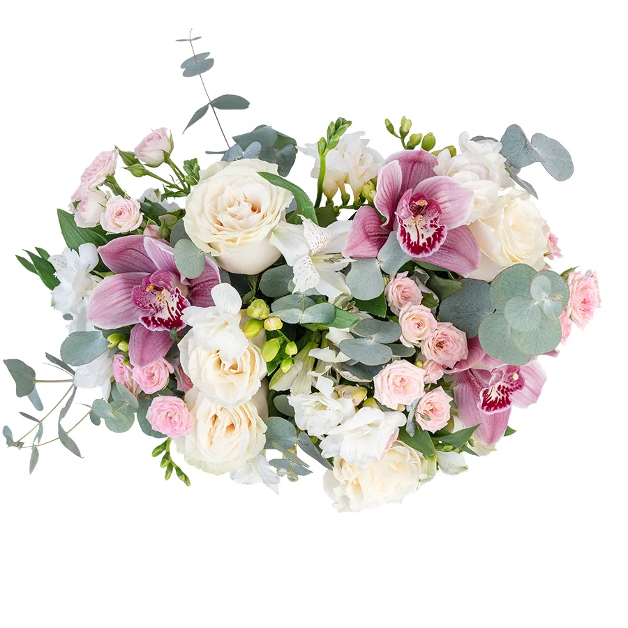 Букет из роз, кустовых роз, орхидей, фрезий и альстромерий (03147)