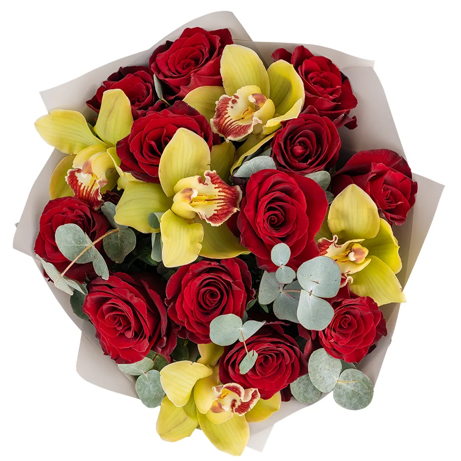 Букет из 17 цветов — бордовых роз Эксплорер и зеленых орхидей Цимбидиум (02433)