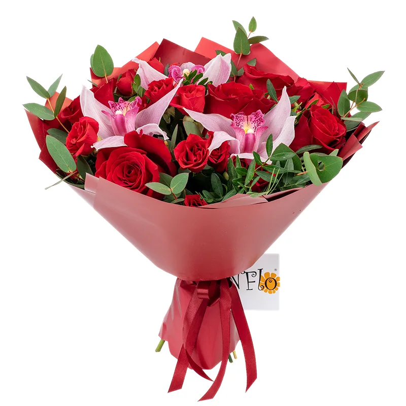 Красный букет из роз, кустовых роз и орхидей (01288)