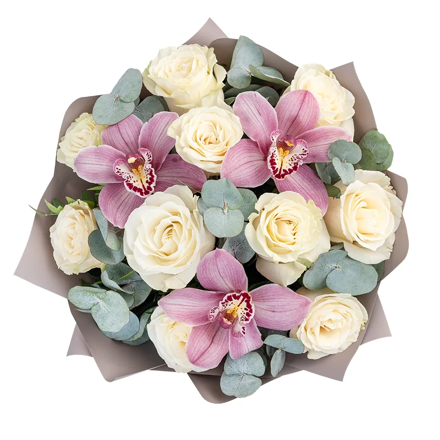 Букет из 13 цветов — белых роз Мондиаль и розовых орхидей Цимбидиум (02470)