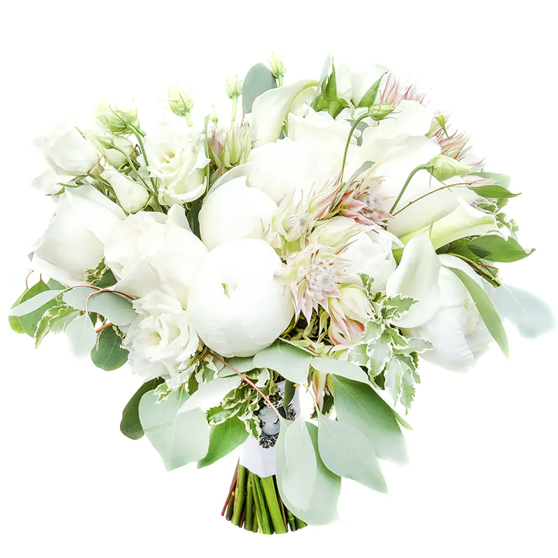 Свадебный букет из белых пионов, роз, калл и эустом (00815)