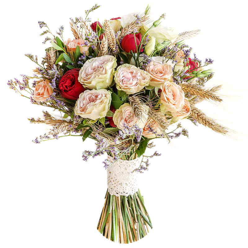 Свадебный букет из пионовидных роз и эустом с колосьями (00600)