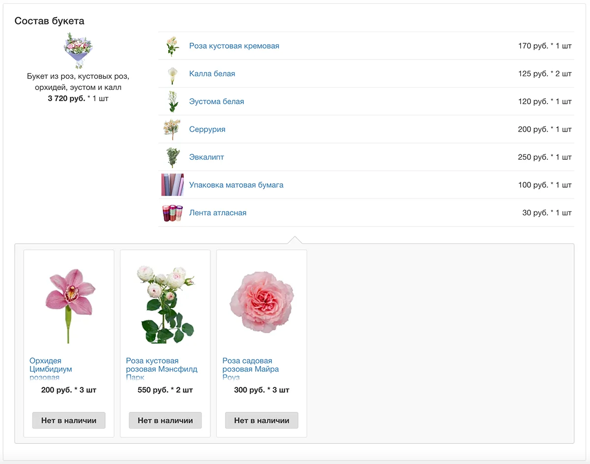 Состав букета с отсуствующими цветами