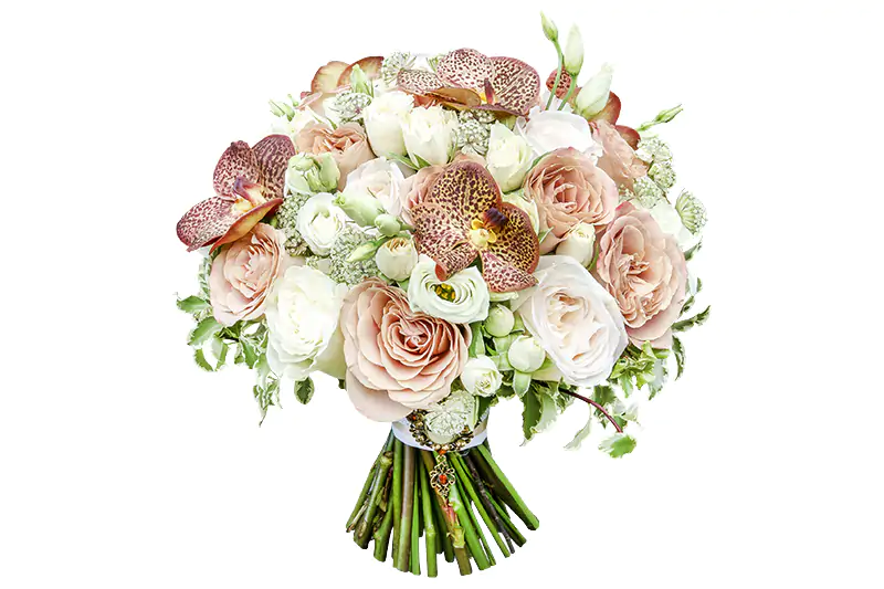 Свадебный букет из роз цвета капучино, ароматных роз ОХара, орхидей Ванда и эустом