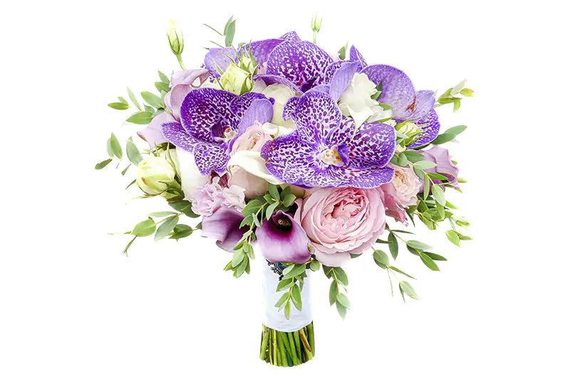 Свадебный букет из роз Дэвида Остина, фиолетовых орхидей Ванда, калл и эустом