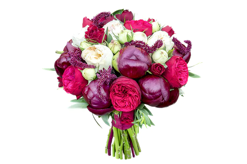 Свадебный букет из бордовых пионов и садовых роз с амарантом цвета марсала