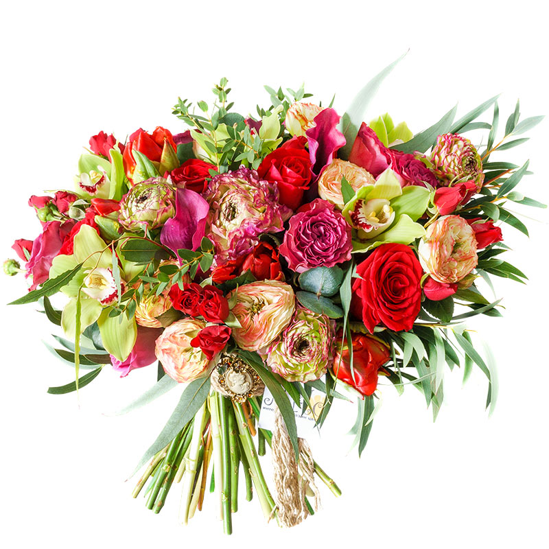 Букет из роз, орхидей, ранункулюсов, тюльпанов и калл (00926)