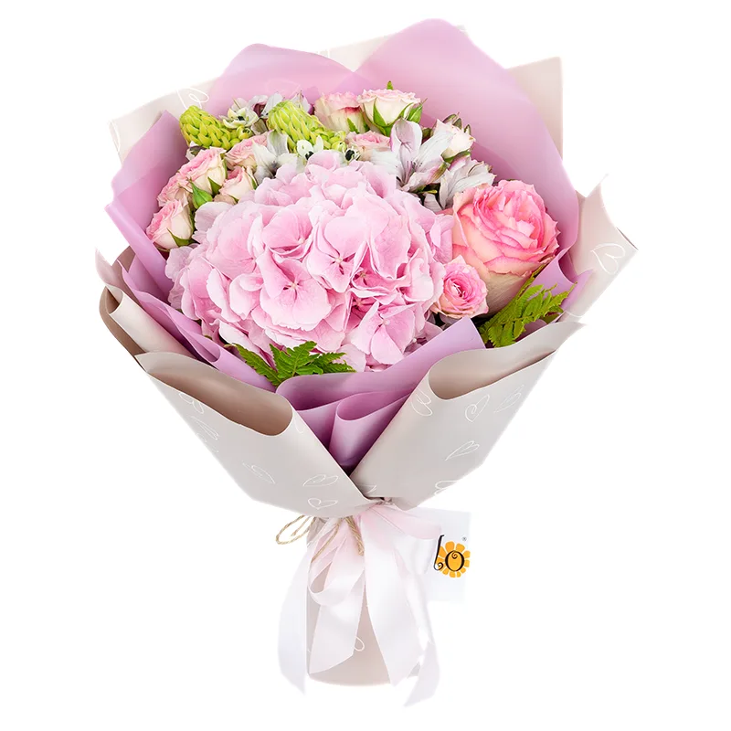 Букет из розовой гортензии, роз, кустовых роз и альстромерий (01661)