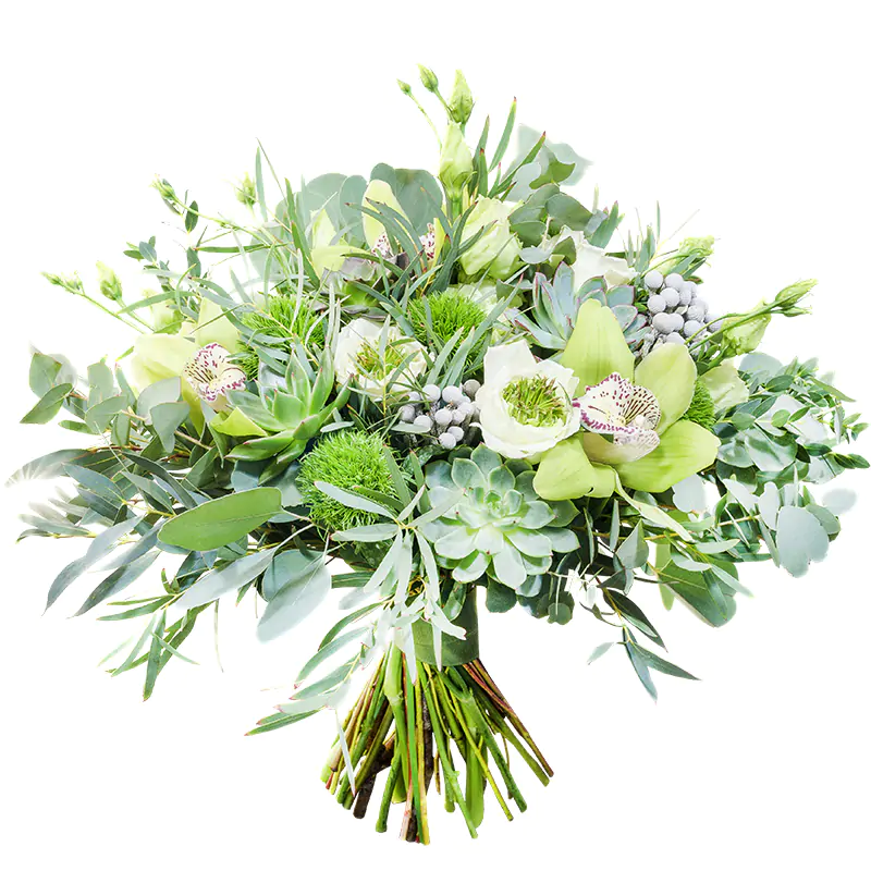 Букет невесты в стиле милитари из роз, орхидей, эустом и гвоздик с эхевериями (00993)