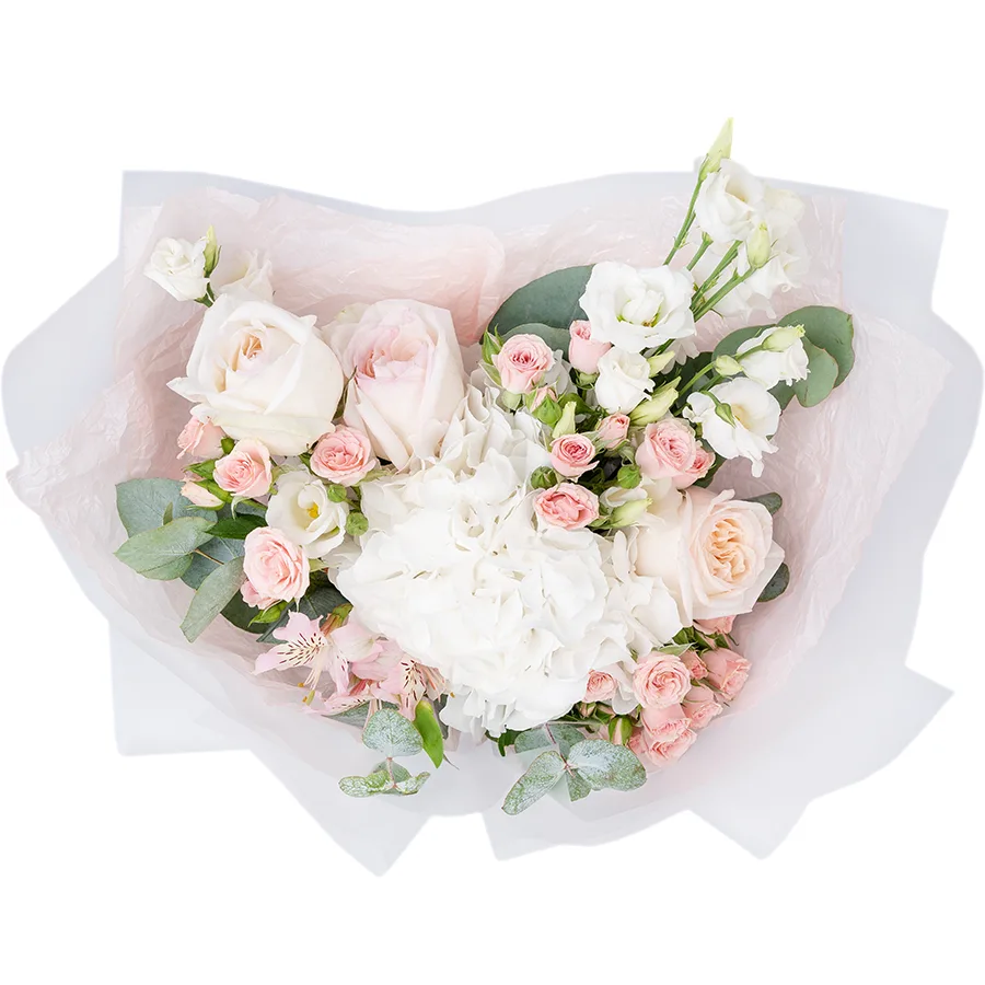Букет из белой гортензии, садовых роз, кустовых роз, эустом и альстромерии (02607)