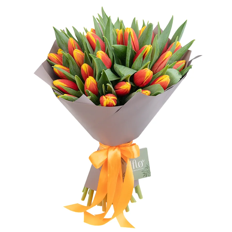 Букет из 35 оранжево-красных тюльпанов (03038)