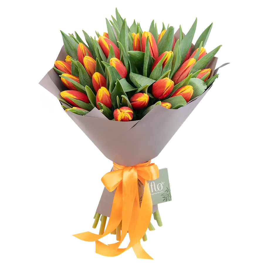 Букет из 35 оранжево-красных тюльпанов (03038)