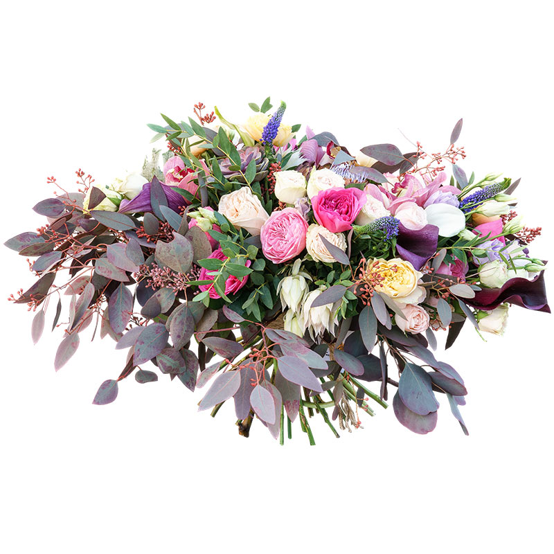 Букет из роз, орхидей, эустом и калл с артишоком и эхеверией (00856)