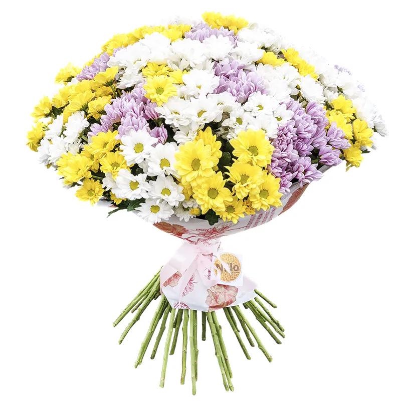 Букет из разноцветных кустовых хризантем в крафт-бумаге (00843)