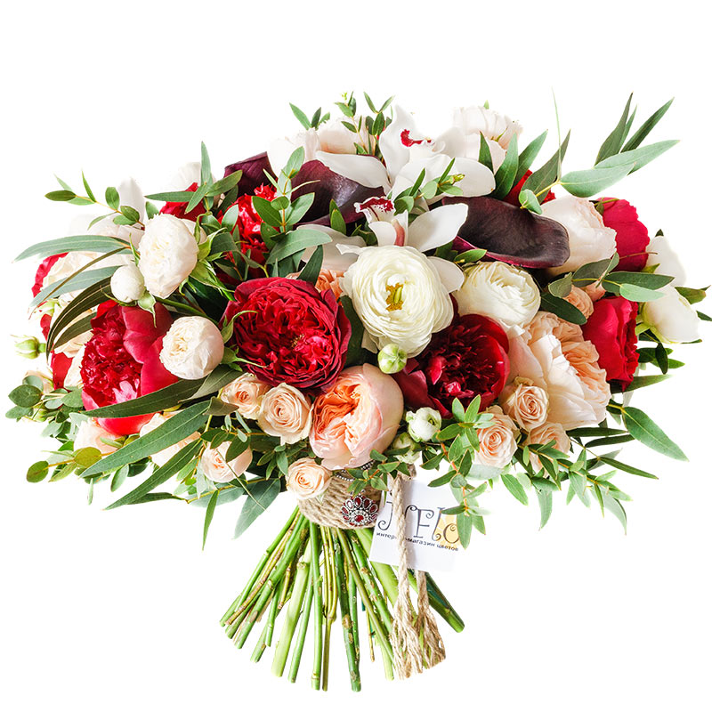Букет из пионов, роз Дэвида Остина, орхидей, ранункулюсов и калл (00937)