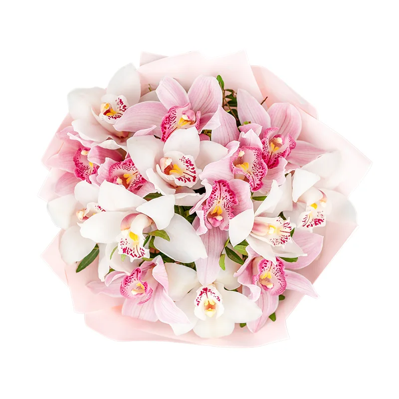 Букет из 15 розовых и белых орхидей Цимбидиум (01196)
