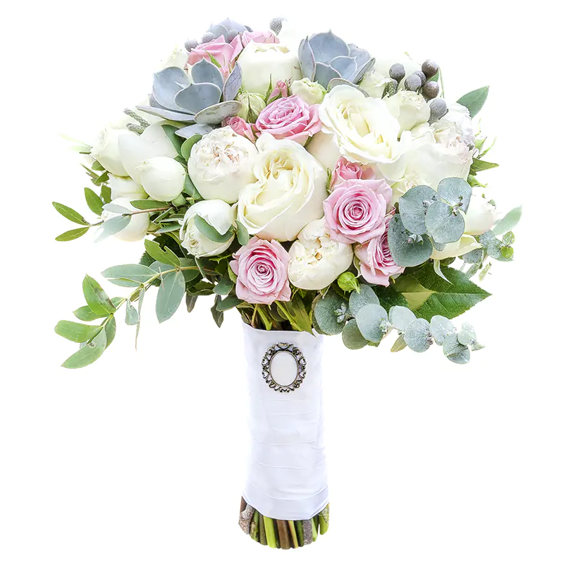 Свадебный букет из пионов, роз и эхеверий (00560)
