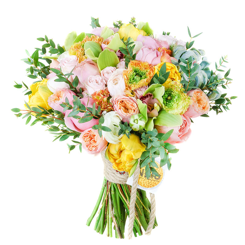 Букет из роз, орхидей, ранункулюсов и тюльпанов с эхеверией (00768)