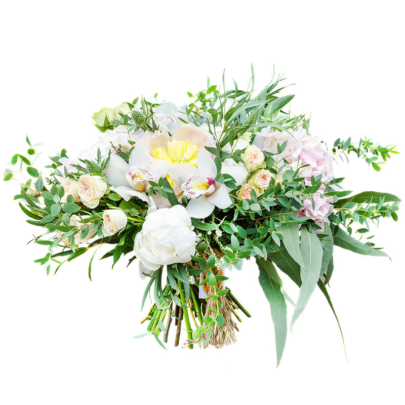 Букет из пионов, роз, орхидей и гортензии с эхеверией (00796)