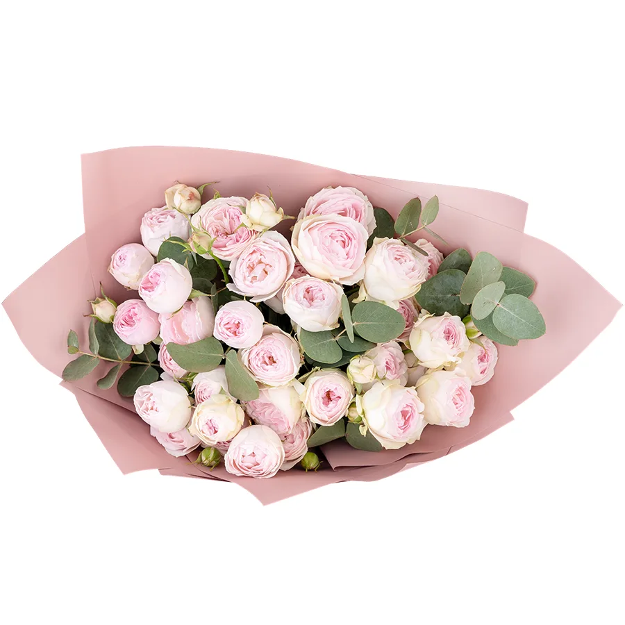 Букет из 5 нежно-розовых кустовых пионовидных роз Дедикейшн с эвкалиптом (03045)