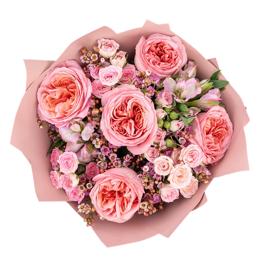 Букет из роз, кустовых роз и альстромерий с хамелациум (03840)