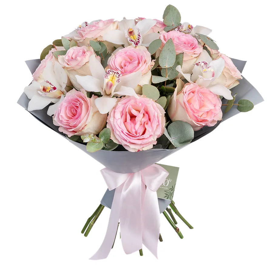Букет из 21 цветка — розовых роз Эсперанс и белых орхидей Цимбидиум (02428)