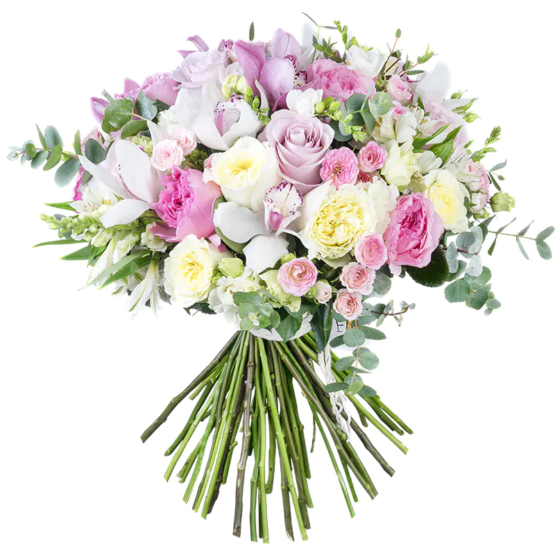 Букет из роз, орхидей, эустом, фрезий и альстромерий (01102)