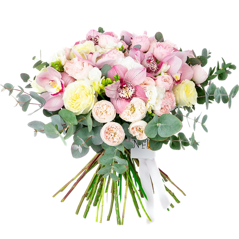 Букет из пионовидных роз, орхидей и фрезий (01126)