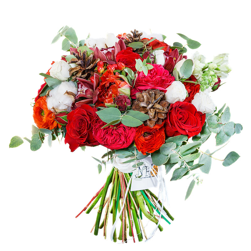 Букет из роз, орхидей, ранункулюсов и тюльпанов с хлопком и шишками (00996)