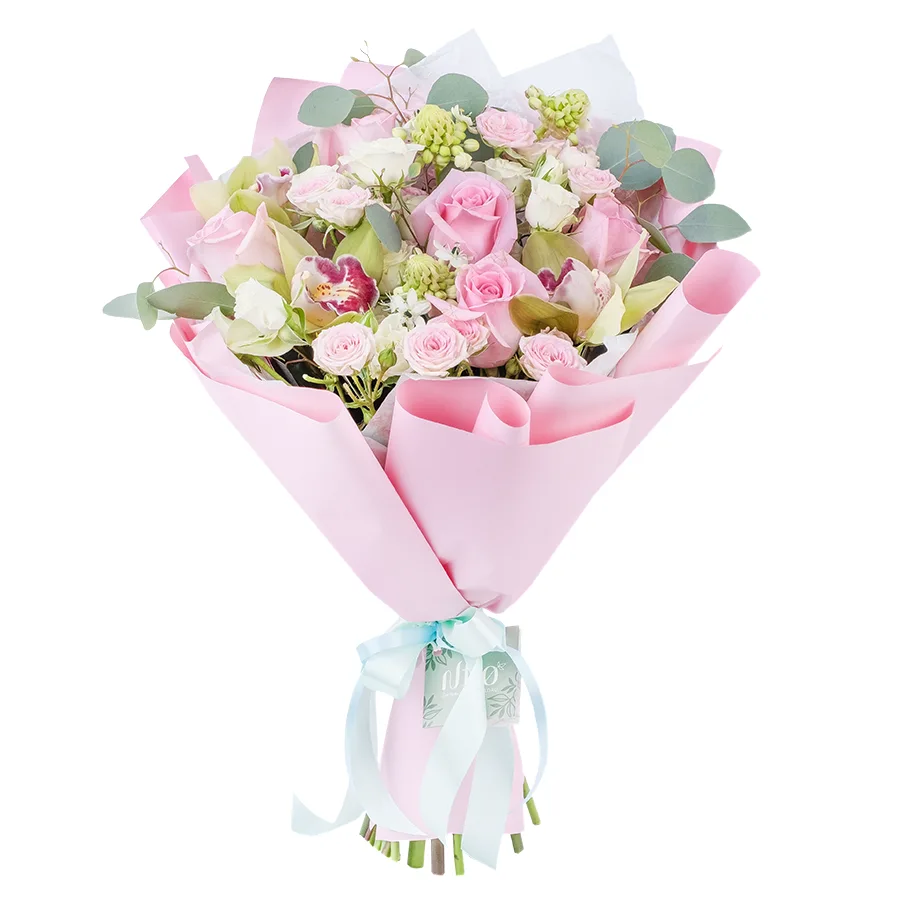 Букет из роз, кустовых роз и орхидей с орнитогалум (02192)