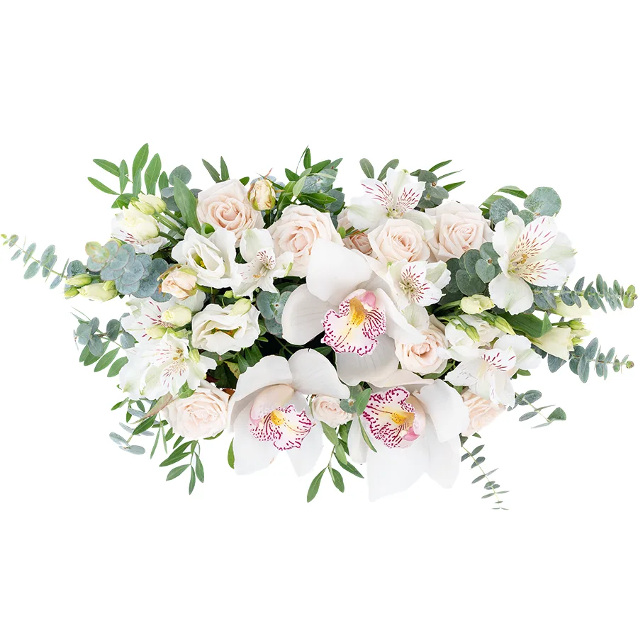 Композиция с кустовыми розами, орхидеями, эустомами и альстромериями в ящике (02975)