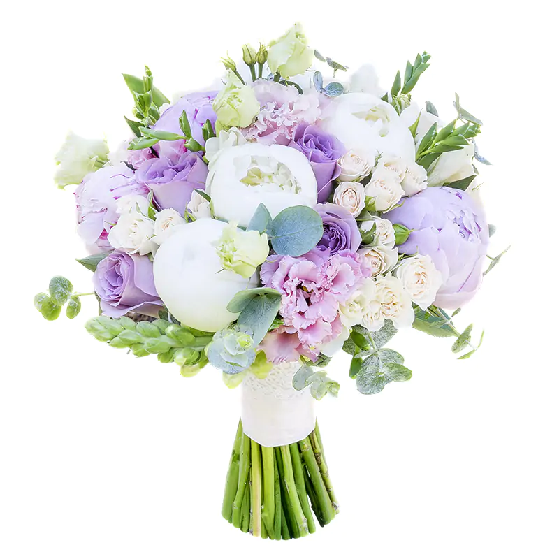 Букет невесты из белых пионов, сиреневых роз, эустом и фрезий (01044)
