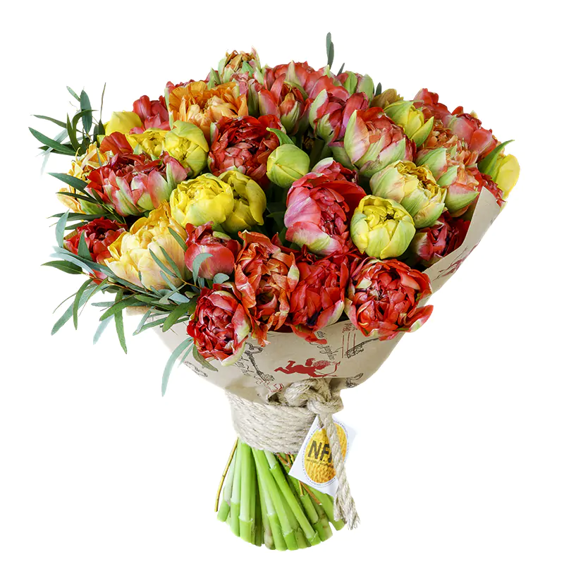 Букет из 53 желтых и красных махровых тюльпанов (00757)