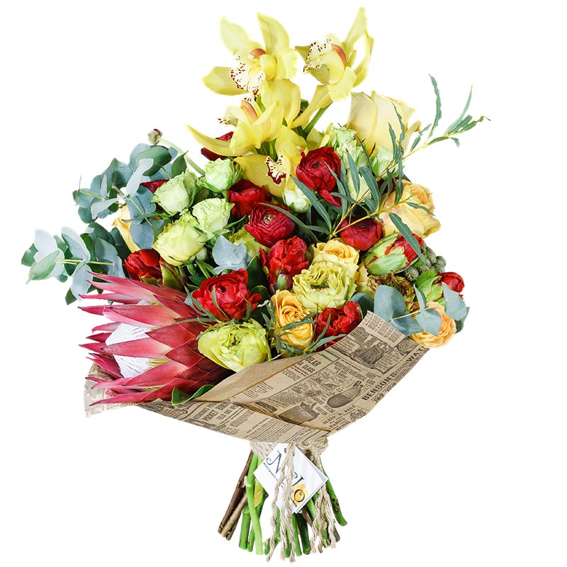 Каскадный букет из роз, орхидей, ранункулюсов и тюльпанов с протеей (00912)