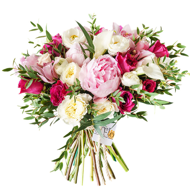Букет из пионов, роз Дэвида Остина, орхидей, ранункулюсов и калл (00938)