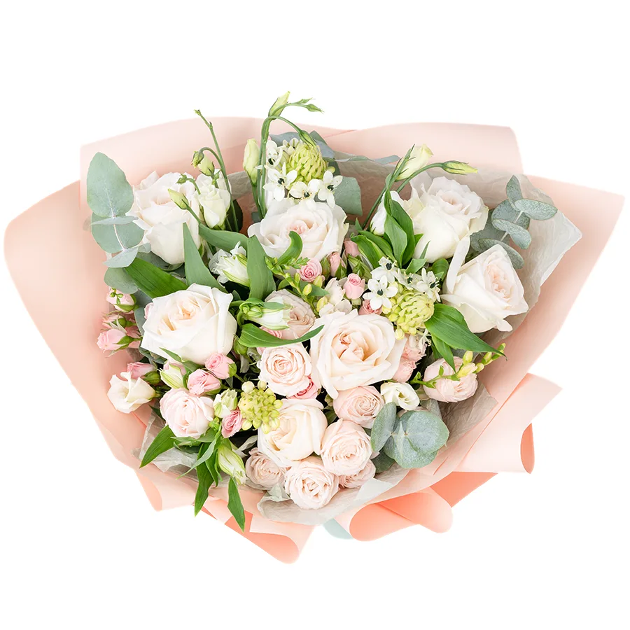 Букет из ароматных садовых роз, кустовых роз, эустом, фрезий и альстромерий (02645)