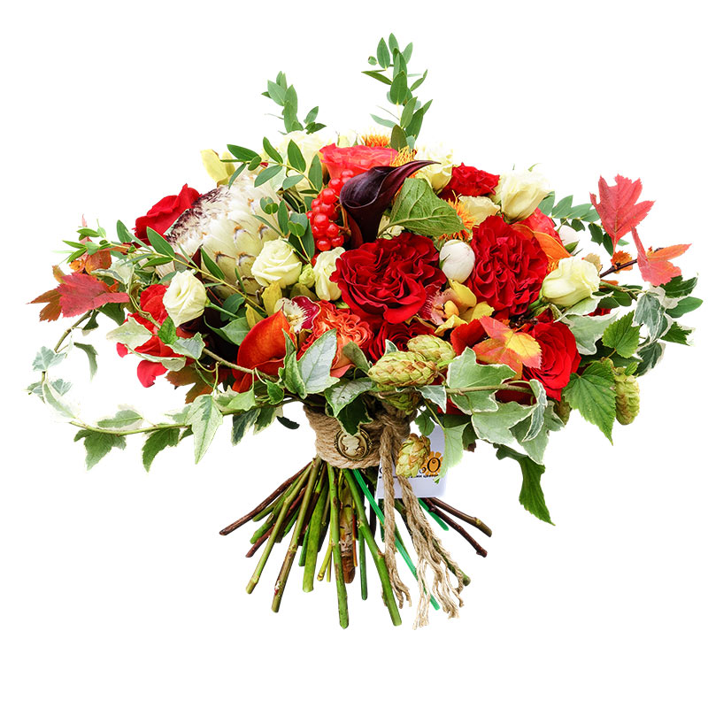 Букет из роз, орхидей, эустом и калл с протеей (00853)