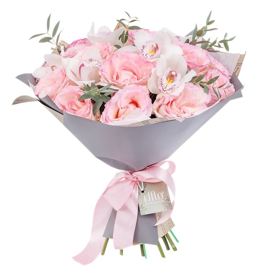 Букет из 23 цветов — розовых роз Эсперанс и белых орхидей Цимбидиум (02428)