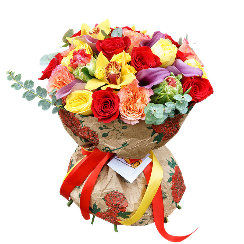 Букет из роз, орхидей, тюльпанов и калл в крафте (00960)
